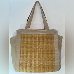 Sun N’ Sand Large Tan Woven Straw / Tissu Tote Bag / Beach bag sunnsand